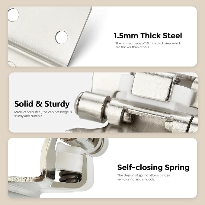 2 Pack 1 Pair Brushed Nickel Cabinet Hinges - 1/2 inch Overlay Kitchen Cabinet Hinges, Semi-Concealed Hinges, Self Closing Cabinet Door Hinges with Door Bumper, Silver Face Mount Cabinet Hardware