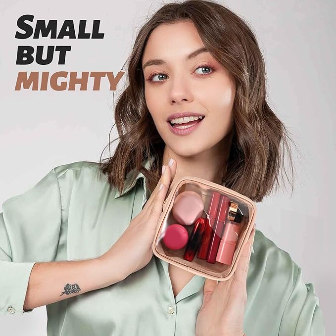 Aveniee Small Clear Makeup Bag, Mini Makeup Bag for Purse Organizer, Cosmetic Bag Travel Zipper Pouch for Women, Cute Car Accessories for Skincare Lipstick Essentials-Sand