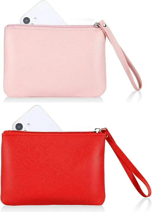 2 Pack Small Zipper Pouch Mini Makeup Bag for Purse Lipstick Cosmetic Travel Make Up Organizer for Women Essentials Feminine Products, Car Change Coin Holder 8x5 Phone Wristlet Wallet, Pink Red