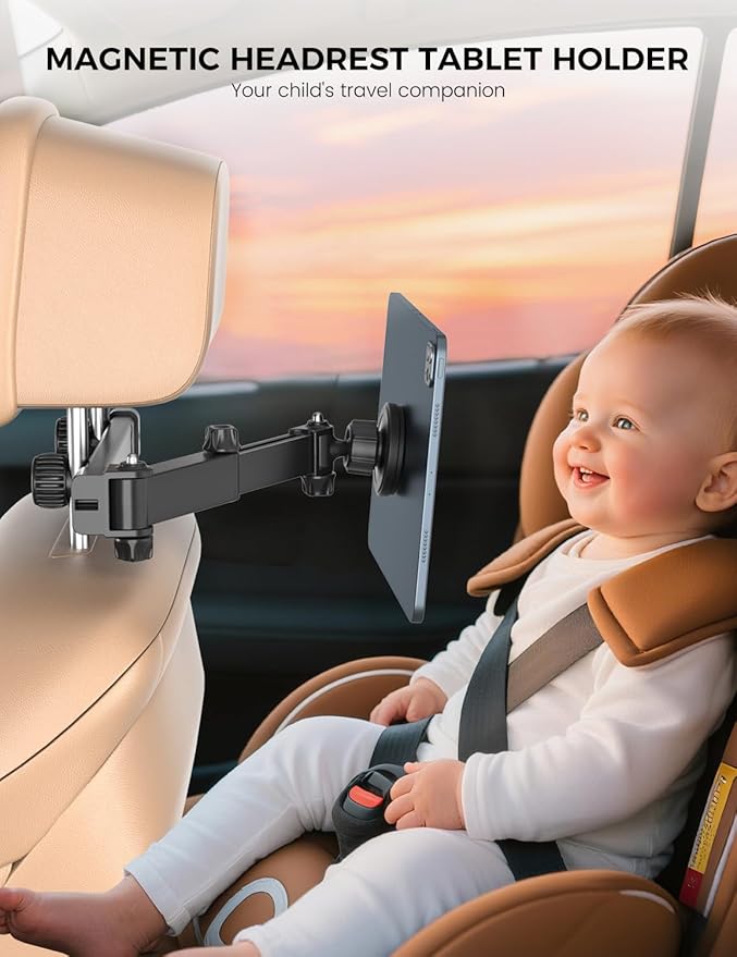 OHLPRO Magnetic Headrest Car Tablet Mount with Foldable Telescopic Arm for iPad Car Holder Back Seat Road Trip Essentials for Kids, Fit for Magsafe Phone iPad Galaxy Tab Tablet Kindle Surface Fire HD