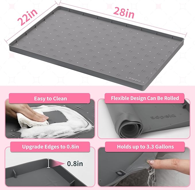 Sdpeia Under Sink Mat 28"×22" Waterproof Silicone Cabinet Liner & Sink Protector for Kitchen & Bathroom, Multi-Purpose Organizers Tray for Pets, Laundry, Cat Litter Mat,Gray
