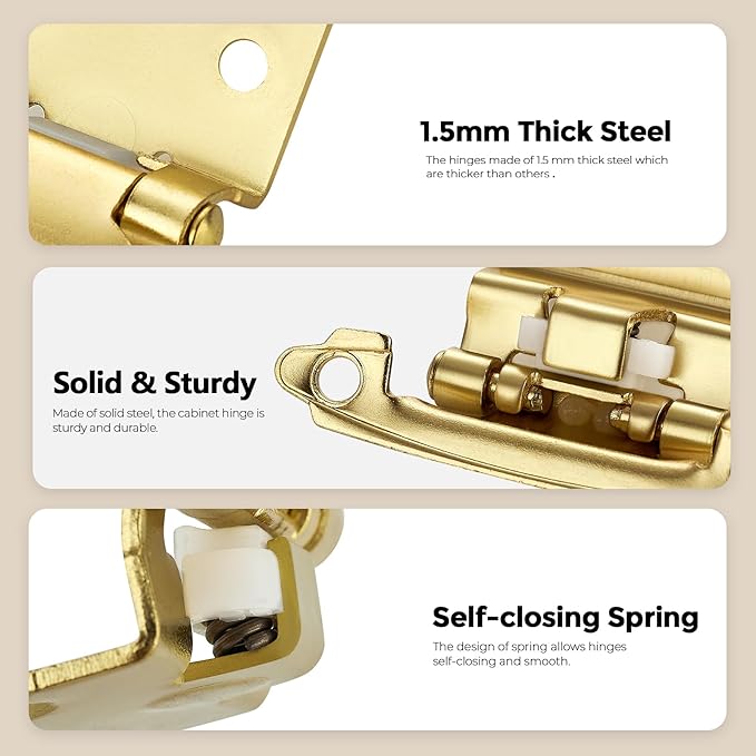 2 Pack 1 Pair Gold Cabinet Hinges - 1/2 inch Overlay Kitchen Cabinet Hinges, Semi-Concealed Hinges, Self Closing Cabinet Door Hinges with Door Bumper, Gold Face Mount Cabinet Hardware