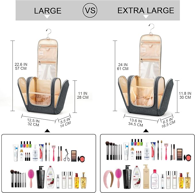 Hanging Toiletry Bag for Women & Men, Cruise Ship Travel Essentials, Holds Full-Size Shampoo, with Dry and Wet Separation Cosmetic Bag, Makeup Organizer Bag, Bathroom Water-Resistant Bag, Grey