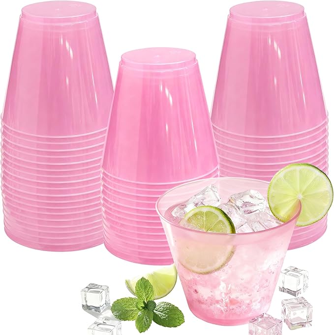 9 oz Clear Plastic Cups Pink Plastic Disposable Cups for Cocktail 50 Pack Fancy Cocktail Cup for Party Stemless Wine Glasses for Wedding Graduation Birthday