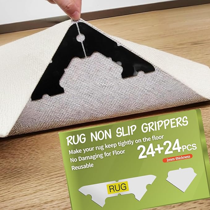 FLUOTINE 48 PCS Carpet Tape,Non Slip Carpet Pads for Area Rugs on Hardwood Floors,Laminate,Tile,LVP Floors,Reusable and Removable Rug Corner Pads with No Residue