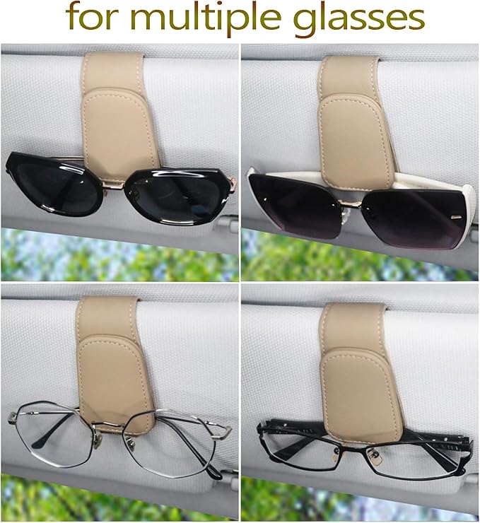 Magnetic Leather Sunglass Holder for Car, Sunglasses Clip for Car Visor, Auto Interior Accessories Universal for Different Size Eyeglasses (Beige)
