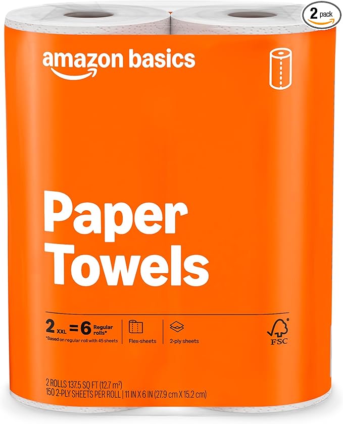 Amazon Basics 2-Ply Flex-Sheets Paper Towels, 2-Pack, 150 Sheets per Roll, 2 Basics Rolls = 6 Regular Rolls, for Everyday Use, Spills and Messes
