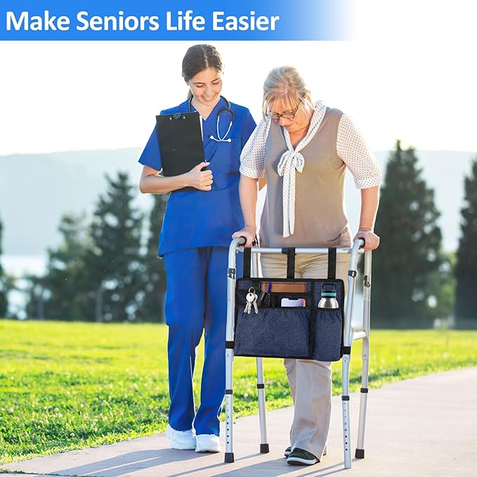 Walker Bag Basket with Cup Holder for Folding Walker Accessories for Seniors Elderly, Handicap, Foldable & Water Resistant Walker Storage Bags with Big Capacity - Dark Blue
