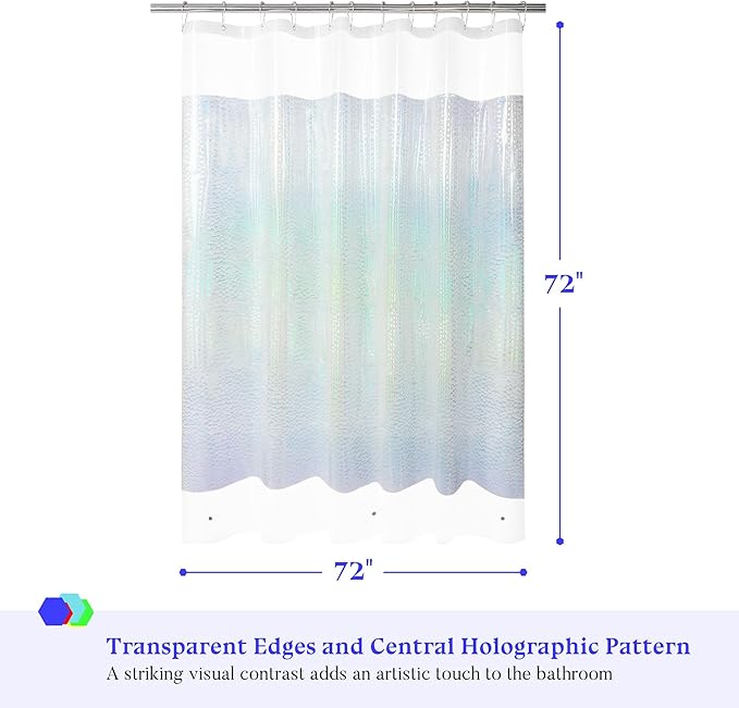 Mrs Awesome Holographic Shower Curtain Liner with 3 Magnets for Bathroom, Waterproof Clear Water Cube Plastic Iridescent Shower Curtain Sparkly, Glitter PEVA Liner 72 x 72 inches