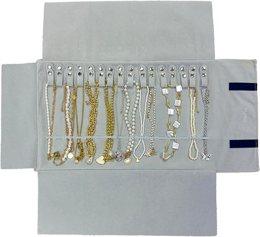 UnionPlus Velvet Travel Jewelry Roll Bag Organizer for Necklace, Elastic Band and Anti-winding, Black and Gray