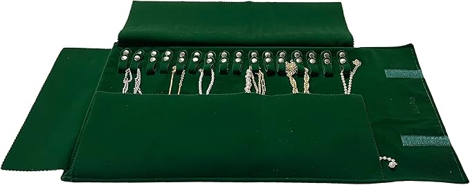 UnionPlus Velvet Travel Jewelry Roll Bag Organizer for Necklace, Elastic Band and Anti-winding, Blackish Green