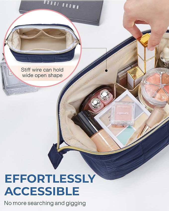 BAGSMART Makeup Bag Travel Toiletry Bag, Puffy Padded Makeup Bags for Women Makeup Organizer Case, Wide-open Pouch Purse Travel Essentials Toiletries Accessories Brushes, Navy Blue