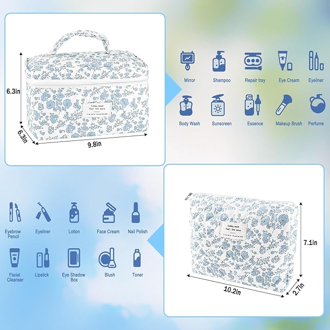 2Pcs Cotton Quilted Makeup Bag for Women Extra Large Small Travel Cosmetic Bag Set Cute Blue Floral Print Makeup Pouch Portable Toiletry Bag Organizer Coquette Vintage Puffy Travel Essential