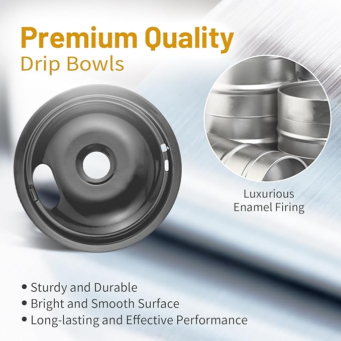 4 Pack Black Drip Pans, Compatible with Whirpool Kenmore Frigirate Stove Top Drip Bowls. Include 3 Pcs 6'' Range Replacement Drip Pans and 1 Pcs 8 '' Cooktop Drip Pans