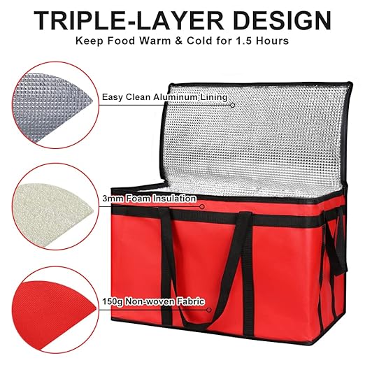 1-Pack Insulated Food Delivery Bag, XXX-Large Commercial Food Warmer for Delivery Drivers, Insulated Reusable Grocery Cooler/Hot Bags, Tote Bag for Shopping/Travel, Catering Bag 22x14x13, Red