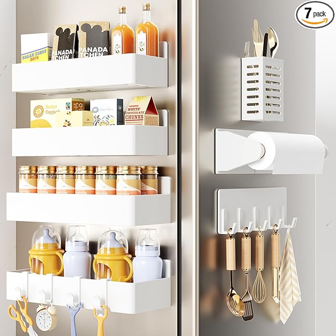 Magnetic Spice Rack for Refrigerator,7 Pack Magnetic Shelf,Fridge Magnet Organizer with Paper Towel Holder,Utensils Racks,Hook Rack,Fridge Organizers and Storage White(7 Pack)