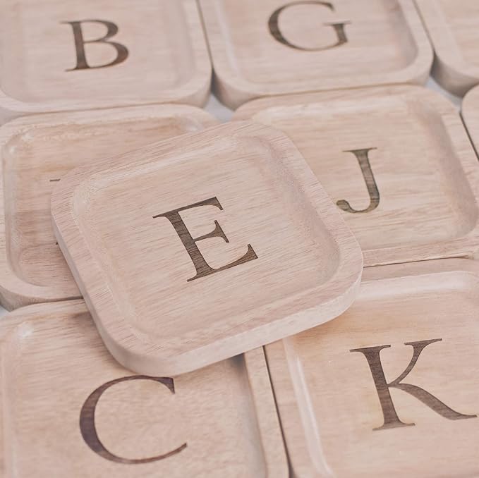 Wooden Personalized Letter Catchall Valet Tray Trinket Dish Jewelry Tray Key Bowl Decorative Plate Organizing Ring Earrings Necklaces Bracelet Watch Coins Wallet Holder (6"x6" Sq Natural "I")