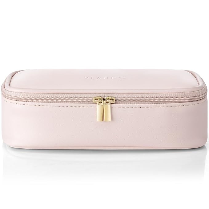 Vlando Makeup Travel Bag,Small Makeup Pouch for Small Items Travel Essentials Mini Toiletries-Apricot White