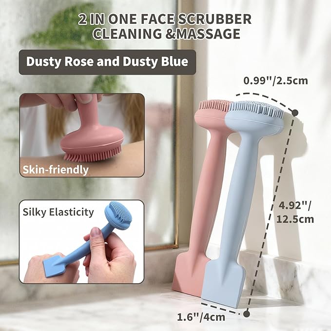 2 Pack Silicone Face Scrubber,2 in 1 Facial Cleansing Brush & Face Mask Applicator, Face Exfoliator Scrubber Waterproof Home Spa Facial Brush for Sensitive Skin (Dusty Rose and Dusty Blue)