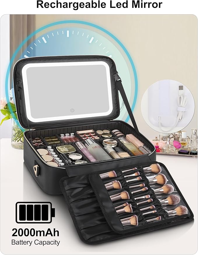 Relavel Large Makeup Case With LED Mirror, 16.2" Cosmetic Vanity Case with 3 Lighting Modes and Adjustable Brightness, Professional Travel Makeup Organizer for Makeup Artist with Strap, Black