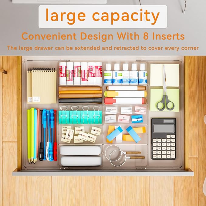 Yieach Large Expandable Desk Drawer Organizer Tray for Office Supplies and Accessories With 12 Adjustable Compartments,Office Drawer Organizers for Pencil,Pen and Kitchen Junk Drawer Organizer,Clear