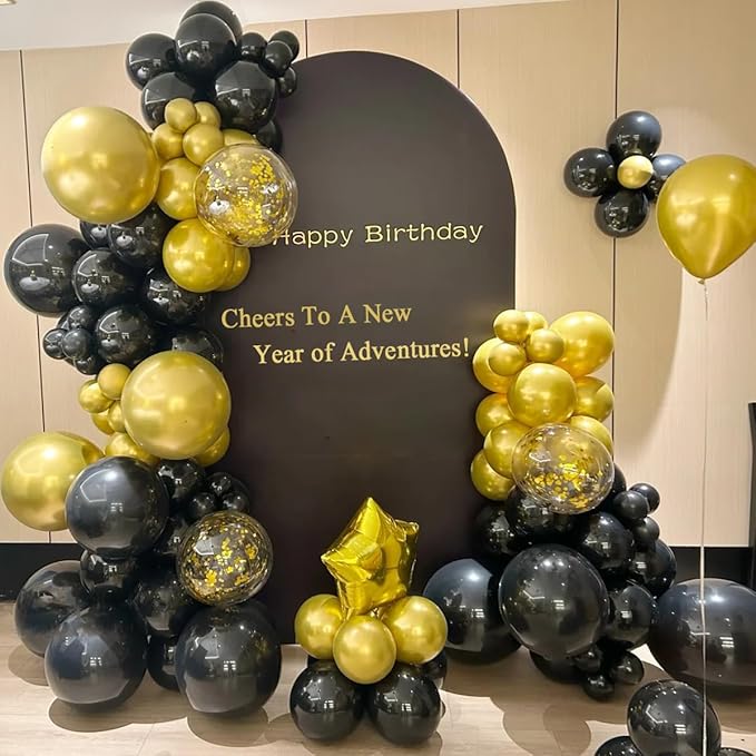 MEBAY Black Gold Silver Balloon Garland Arch Kit, 166Pcs 5 10 12 18 inch Latex Balloons with Gold Confetti for 2025 New Year Graduation Wedding Birthday Party Decoration