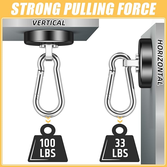 FINDMAG Strong Magnetic Hooks, 100LBS Neodymium Magnet with Swivel Carabiner Hook, Cruise Ship Essentials, Heavy Duty Magnetic Hooks for Hanging, Garage, Kitchen, Grill, Office -12 Pack