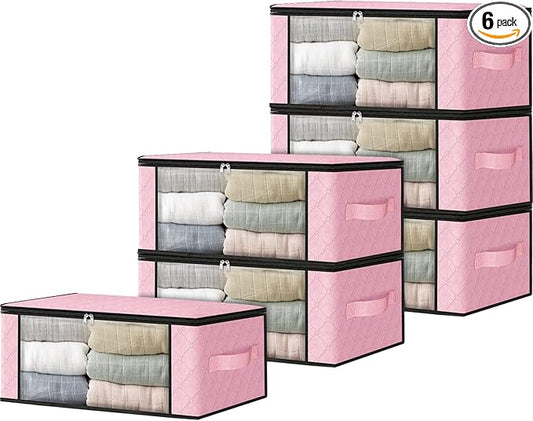 HomeHacks Storage 6-Pack Clothes Organizer Storage Bags Foldable Storage Box with Large Clear Window Sturdy Handles for Closet, Dorm, Pillows, Bedding, Clothes, Blankets, 35L, Pink