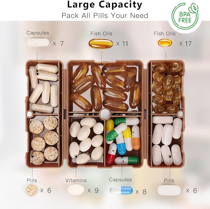 FYY Daily Pill Organizer,2 Pcs 7 Compartments Portable Pill Case Travel Pill Organizer,[Folding Design] Pill Box for Purse Pocket to Hold Vitamins,Cod Liver Oil,Supplements and Medication-Brown