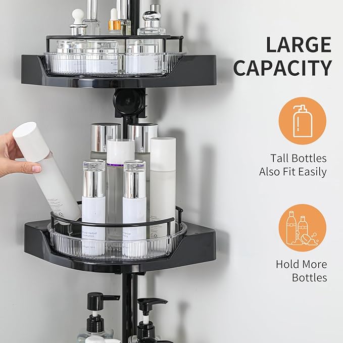360° Rotating Shower Caddy Tension Pole, 3 Tiers Corner Shower Organizer for Bathroom Shelf Bathtub, Adjustable Standing Shower Rack Bathroom Accessories, Easily Assemble, 34-124 Inch Height, Black