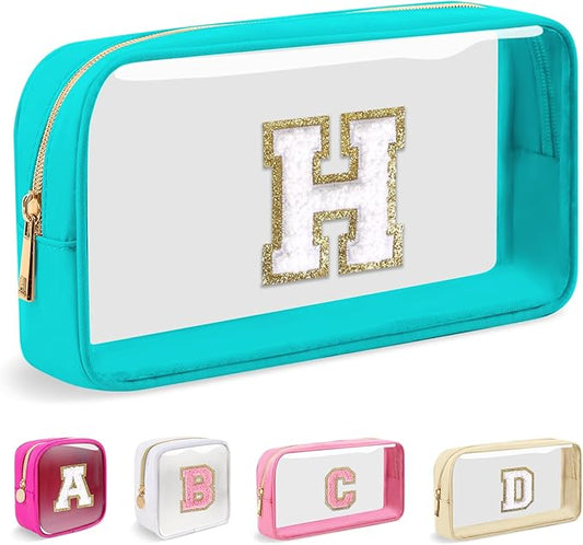 Small Clear Personalized Initial Makeup Bag,Nylon Preppy A-Z Chenille Letter Patch Cosmetic Pouch Beach Toiletry Bag,Waterproof Zipper Travel Purse Storage Bag Organizer for Women Girls(Cyan-White H)