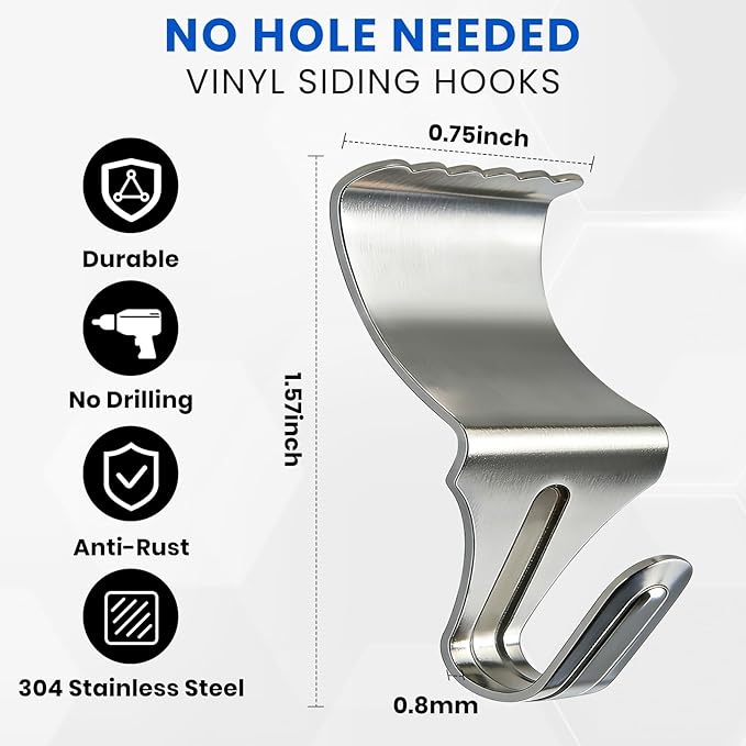 FURWEY 36 Pack Vinyl Siding Hooks, No Hole Vinyl Siding Clips, Heavy Duty Stainless Steel, for Outdoor & Festive Decoration (36P)