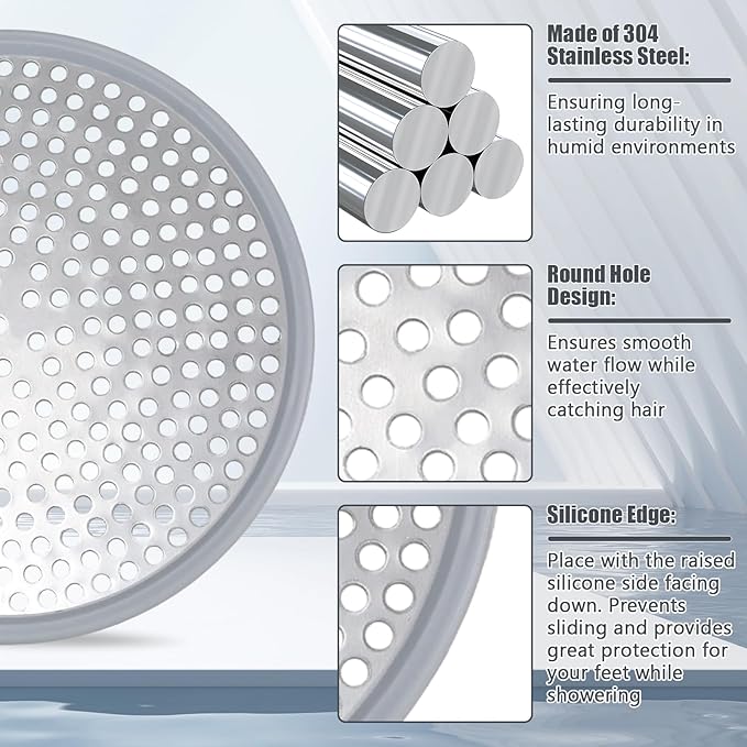 Shower Drain Cover, 4.72" Diameter Round Shower Drain Hair Catcher, Suitable for Bathroom and Kitchen, with Stainless Steel and Silicone Edges (Silver)