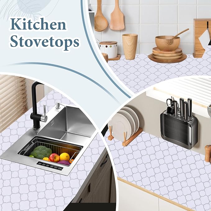 Shelf Liners for Kitchen Cabinets 12in x 20FT Non Adhesive Drawer Liner Silver Quatrefoil Shelf Liner Paper Strong Non-Slip Easy to Clean for Tool Box Refrigerator with Knife and Tape Measure