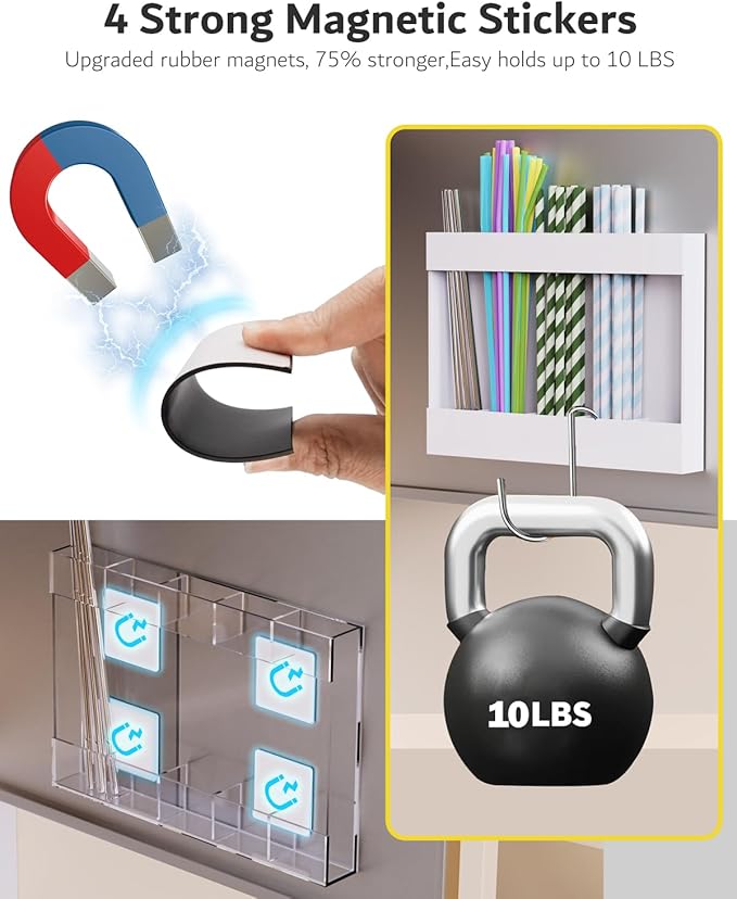 Magnetic Acrylic Straw Holder for Fridge - 5 Slot Sturdy Kitchen Organizer, Adhesive-Free Refrigerator Storage for Metal, Glass, Silicone Straws & Utensils (White-Magnetic Type-5C)