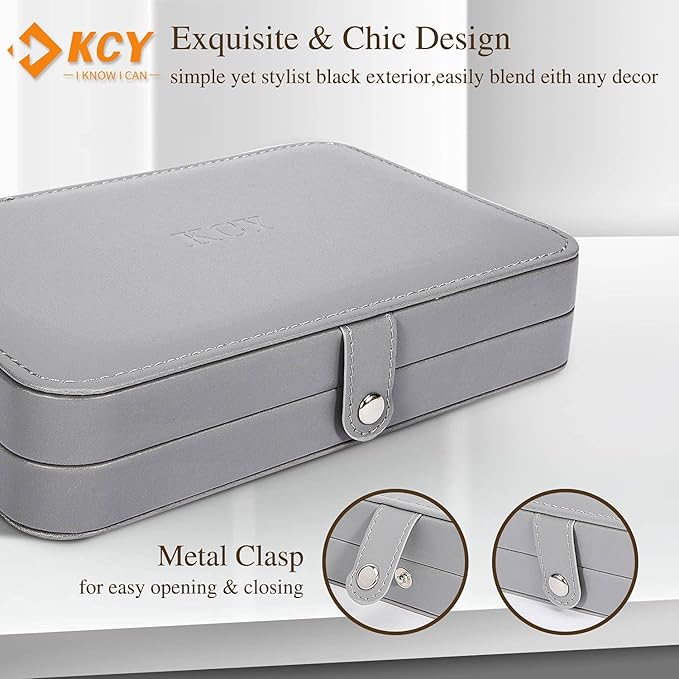 KCY Travel Jewelry Organizer Box for Women Girls, Small Travel Jewelry Case, PU Leather Portable Jewellery Storage Boxes Display Holder for Ring Earrings Necklace Bracelet Bangle, Gifts,Grey