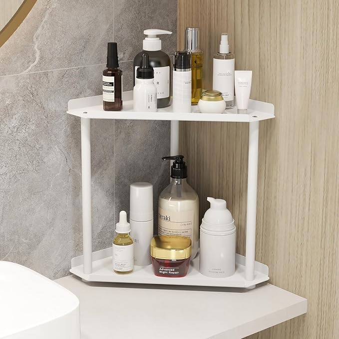 2 Tier Bathroom Counter Organizer, Vanity Organizer Corner Shelf, Skincare, Makeup Countertop Organizers, Kitchen, Bathroom Counter Storage, White