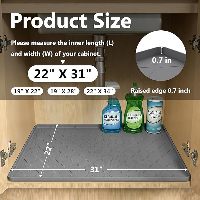 Mateeylife Under Sink Mats for Kitchen Waterproof 31"X22", Undersink Protectors，Silicone Mat Cabinet Liner, Under Sink Organizer for Bathroom and Kitchen，Boot Tray Pet Food Mat, Dark Grey