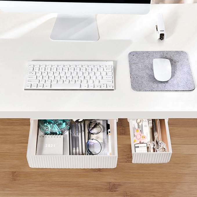 YOOUSOO 2 Pack Under Desk Drawer Storage, Under Desk Organizer, Hidden Self-Adhesive Desks Drawers Slide-out, Stick on Desks Drawer White, Under Mount Drawers for Office/Classroom/Home
