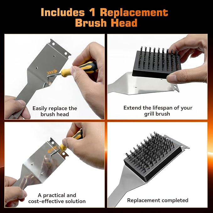 BBQ Grill Brush and Scraper, Heavy Duty Grill Cleaner with Stainless Steel Handle, Replacement Brush Head Included, Grill Cleaning Brush for Gas, Charcoal & Smoker Grill Grates （15 inch）