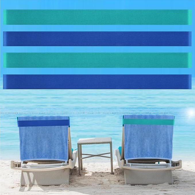 Towel Bands (4-Pack), Beach Towel Clips for Beach Chairs, Pool Lounge Chairs & Cruise Ships - Extra Durable Beach Essentials, Windproof Clips for Outdoor Travel Essentials(Turquoises/Blue)