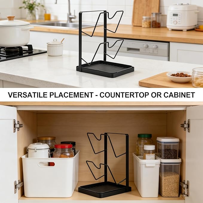 90S Kitchen Pot Lid Storage Rack,Double-Layer Pot Lid Organizer with Tray,Lid Holder While Cooking Multifunctional Kitchen Pot Cover Organizer for Countertop, With Removable Drip Tray