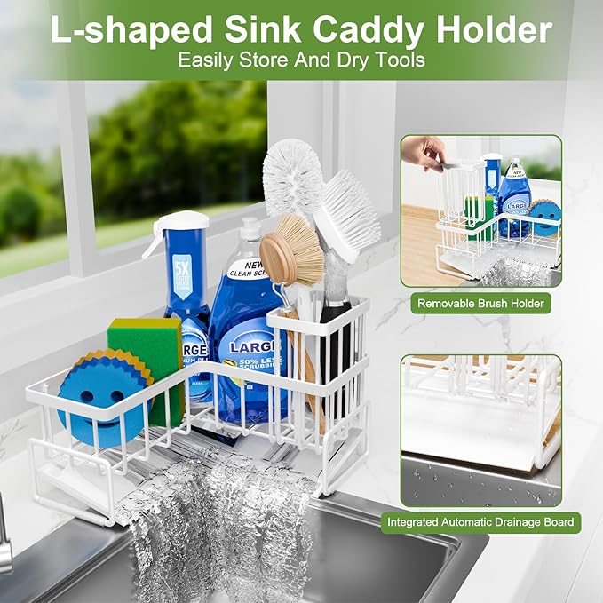 Fikoksol Large Sponge Holder for Kitchen Sink, 90-Degree Sink Caddy Organizer with Dish Brush Holder for Countertop Corner Storage Rack, Metal L Kitchen Sink Sponge Soap Organizer Storage Idea (White)