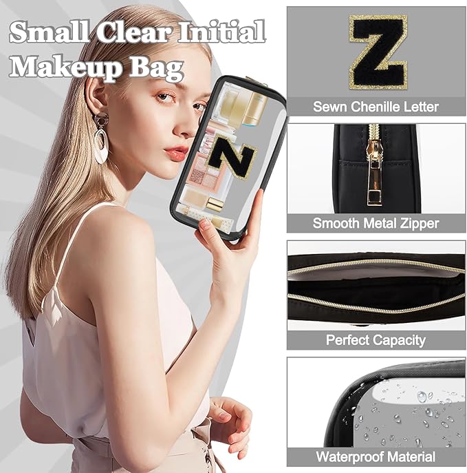 Small Clear Personalized Initial Makeup Bag, Preppy A-Z Chenille Letter Patch Cosmetic Bag, Cute Transparent Nylon Waterproof Zipper Beach Varsity Letter Pouch, Gift for Women Girls(Black-Black Z)