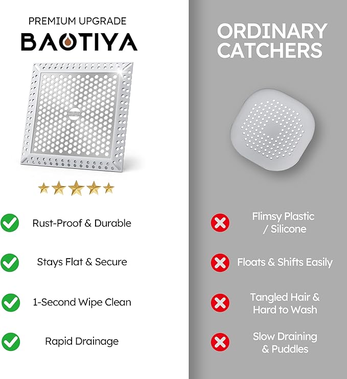 Not Moving Shower Drain Hair Catcher,Effective Hair Catcher Shower Drain,Square Flat Shower Drain Cover Protector Filter,Efficient Drainage,Hair Trap Stopper (Gray, 4 inch)