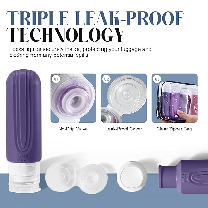 Travel Bottles for Toiletries, 3oz TSA Approved Travel Size Toiletries, Silicone Leak-Proof Refillable Containers, Squeezable Liquid Essentials Bottles W/Clear Bag (PURPLE)