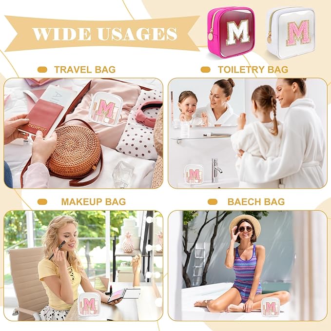 Personalized Initial Letter Clear Preppy Makeup Bag,Mini Nylon Chenille Letter Cosmetic Bag Cute Zipper Pouch Purse for Teen Girls,Portable TSA Approved Beach Travel Essentials Bag Gift for Women,M