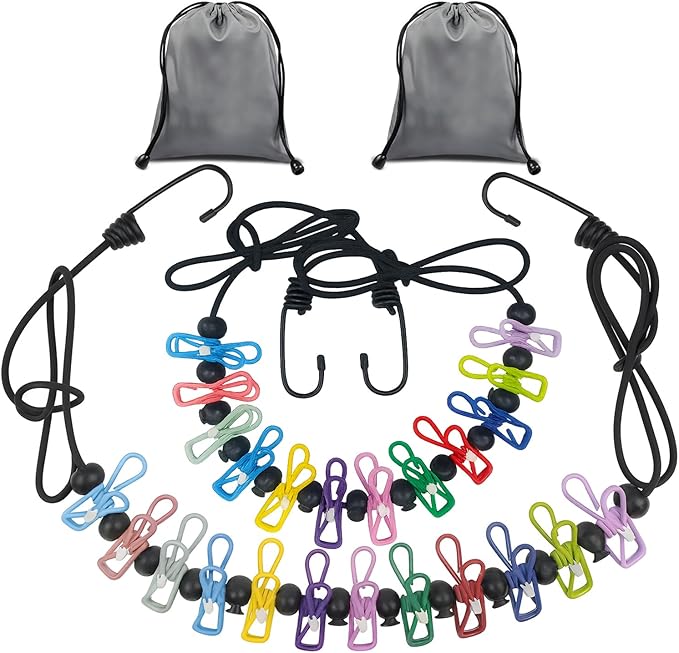Travel Clothesline Retractable Portable Clothesline with 12 Clips Portable Elastic Camping Clothes Line with Anti-Slip Beads & Stainless Hooks for Hotel, RV, Boat, Outdoor Use (2 Pack)