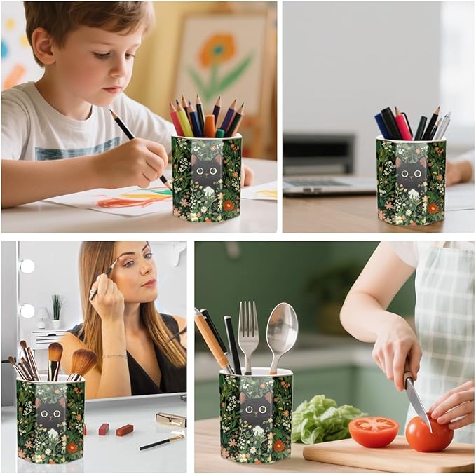 WAVEYU Pen Holder, Pencil Cup for Desk, Cute Desk Organizer, Durable Ceramic Decorative Makeup Brush Desktop Accessories, Stylish Stationery for Office, Home, Cute Cat Pattern