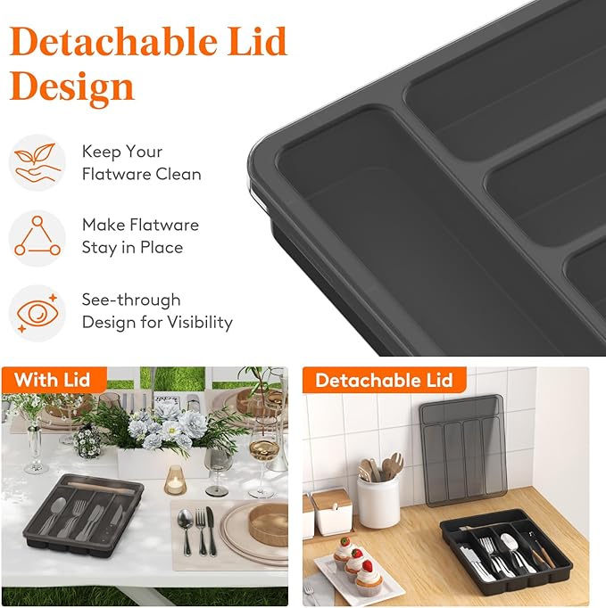 Lifewit Silverware Organizer with Lid, Covered Utensil Tray for Kitchen Drawer and Countertop, Plastic Cutlery and Flatware Storage Box for Spoons Forks Knives Holder Case, 5 Compartments, Black
